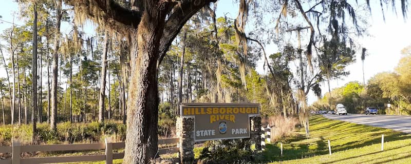 donde ir de camping en florida Hillsbourough State Park Entrance Sign scaled 1